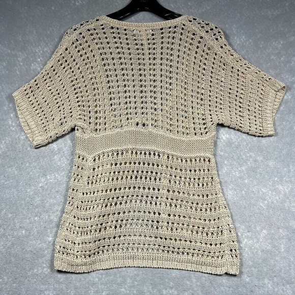 Loft Crochet Knit Tan Cardigan Sweater Open Front Tunic Length Women’s Size: M - Picture 6 of 10